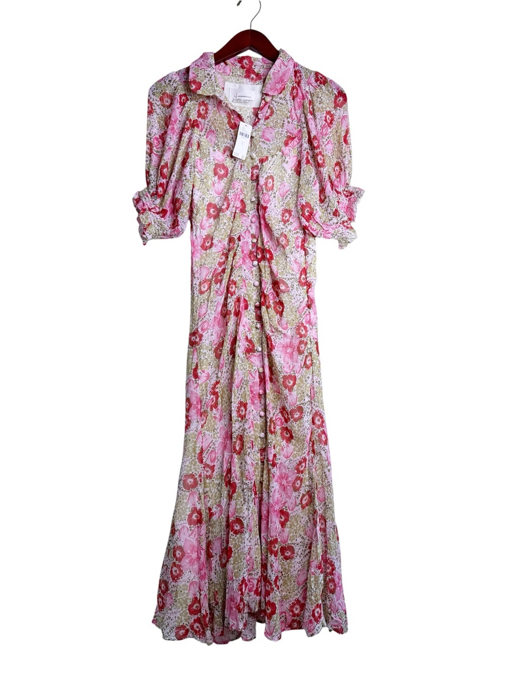 ANTHROPOLOGIE Puff Sleeve Mesh Floral Button Front Dress Size 8 in Pink Multi